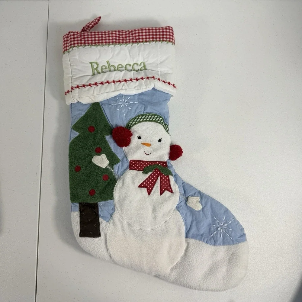 Pottery Barn Kids Quilted Cotton Snowman Gingham Christmas Name Rebecca Stocking